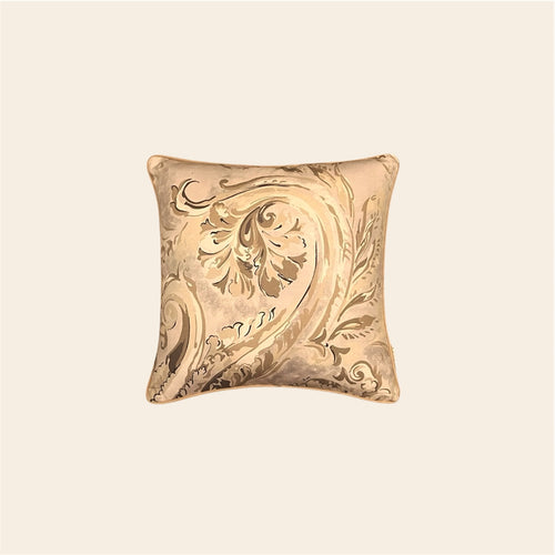 Bhumi cushion cover by Aurahi in earthy beige and sand tones with detailed botanical swirls.